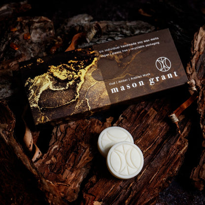 'Mason Grant' Oud, Amber and Arabian Musk Wax Melts on wood background