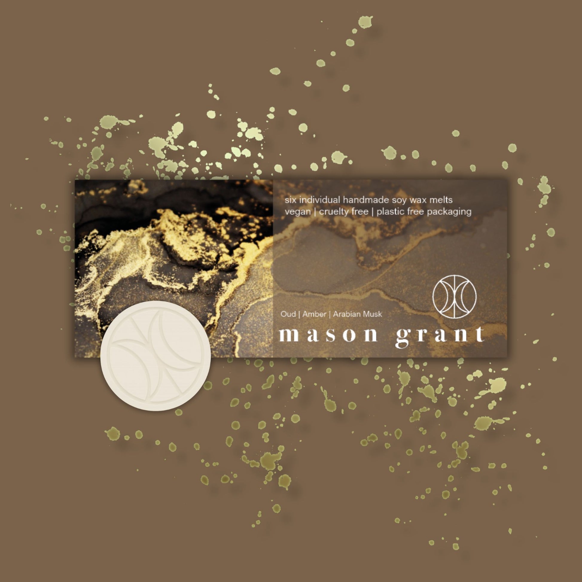 'Mason Grant' Oud, Amber and Arabian Musk Wax Melts on brown background