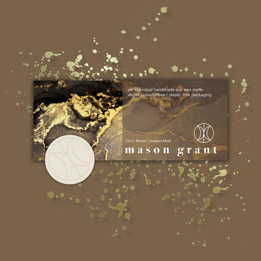 'Mason Grant' Oud, Amber and Arabian Musk Wax Melts on brown background