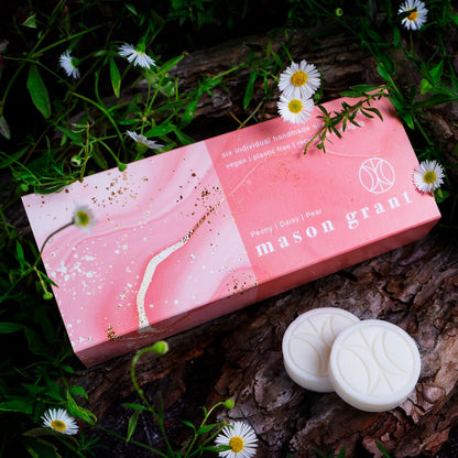 'Mason Grant' Peony, Daisy and Pear Wax Melts on wood background