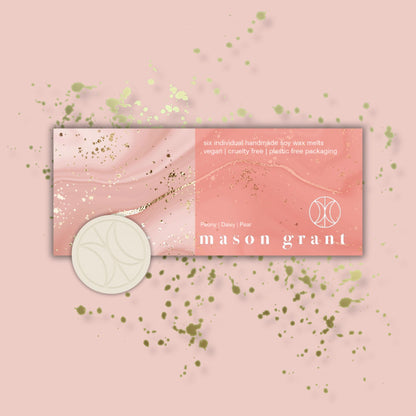'Mason Grant' Peony, Daisy and Pear Wax Melts on pink background