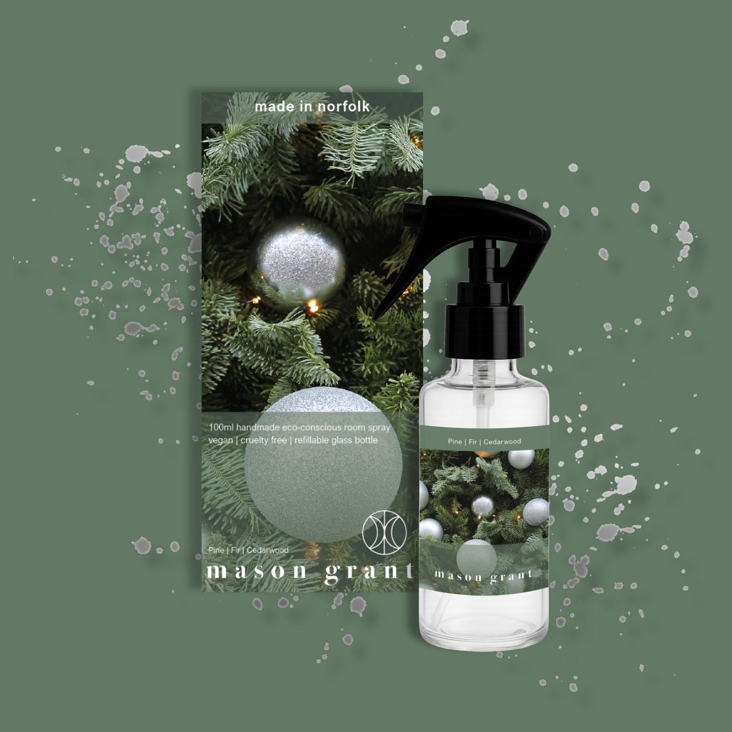 'Mason Grant' Pine, Fir and Cedarwood Room Spray on green background