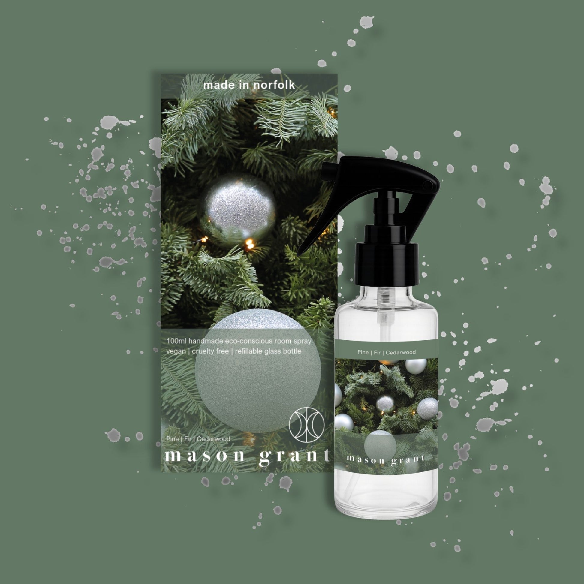 'Mason Grant' Pine, Fir and Cedarwood Room Spray on green background
