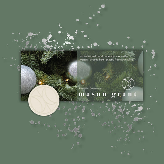 'Mason Grant' Pine, Fir and Cedarwood Wax Melts on green background