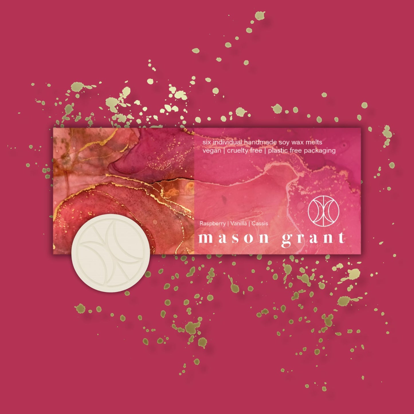 'Mason Grant' Raspberry, Vanilla and Cassis Wax Melts on pink background