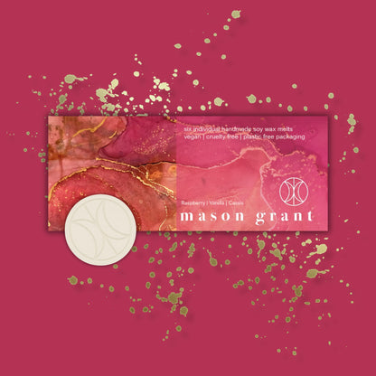 'Mason Grant' Raspberry, Vanilla and Cassis Wax Melts on pink background