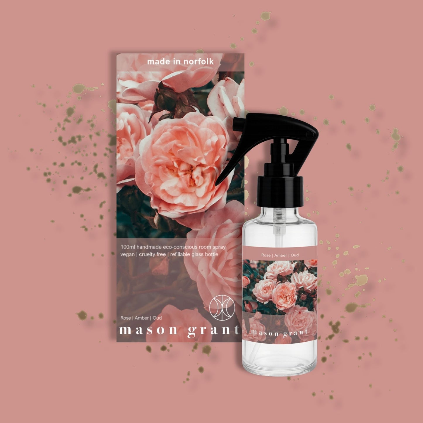 'Mason Grant' Rose, Amber and Oud Room Spray on light pink background