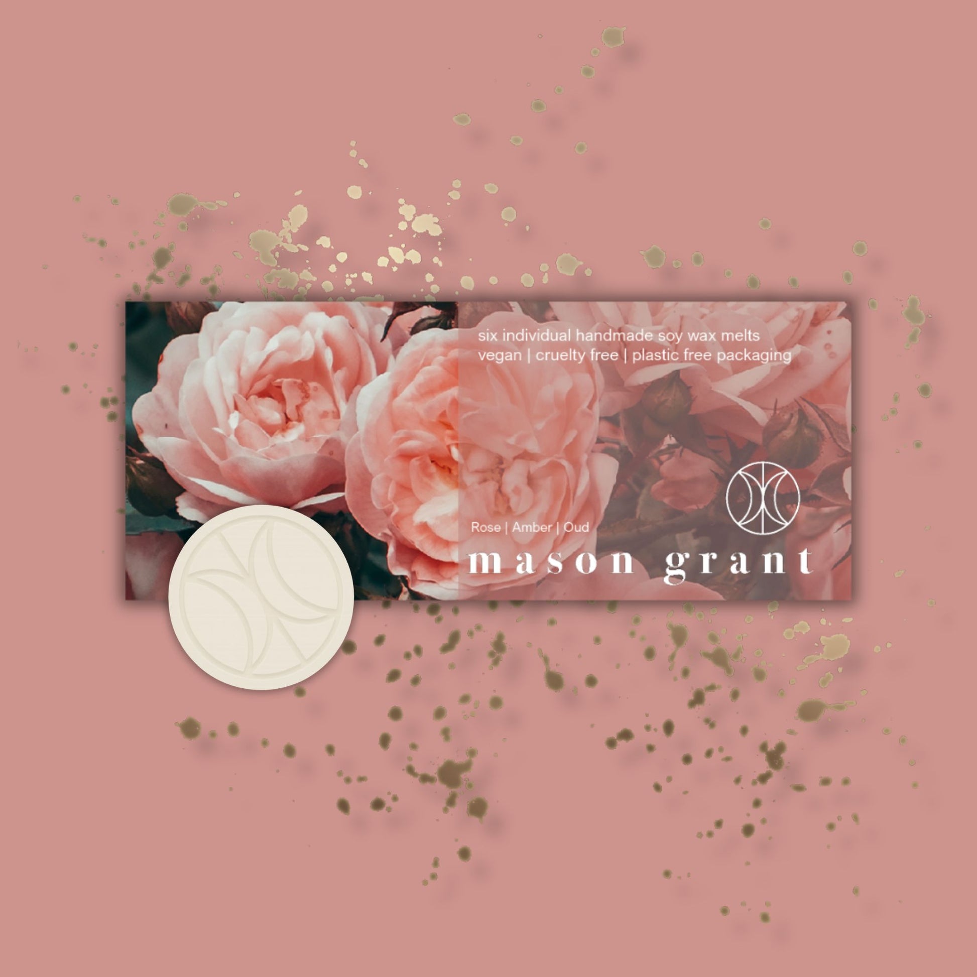 'Mason Grant' Rose, Amber and Oud Wax Melts on pink background