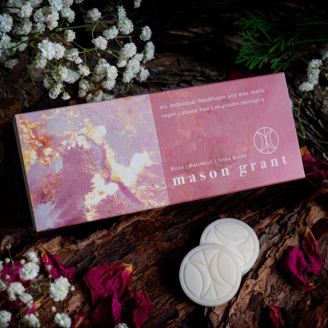 'Mason Grant' Rose, Patchouli and Shea Butter Wax Melts on wood background