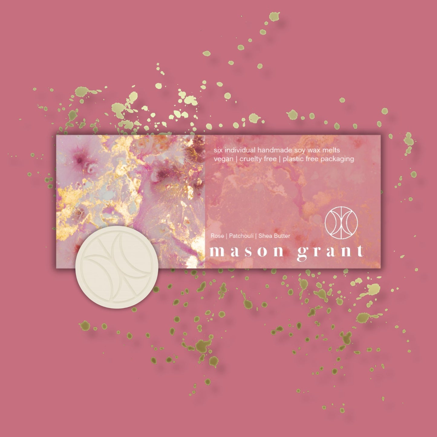 'Mason Grant' Rose, Patchouli and Shea Butter Wax Melts on pink background