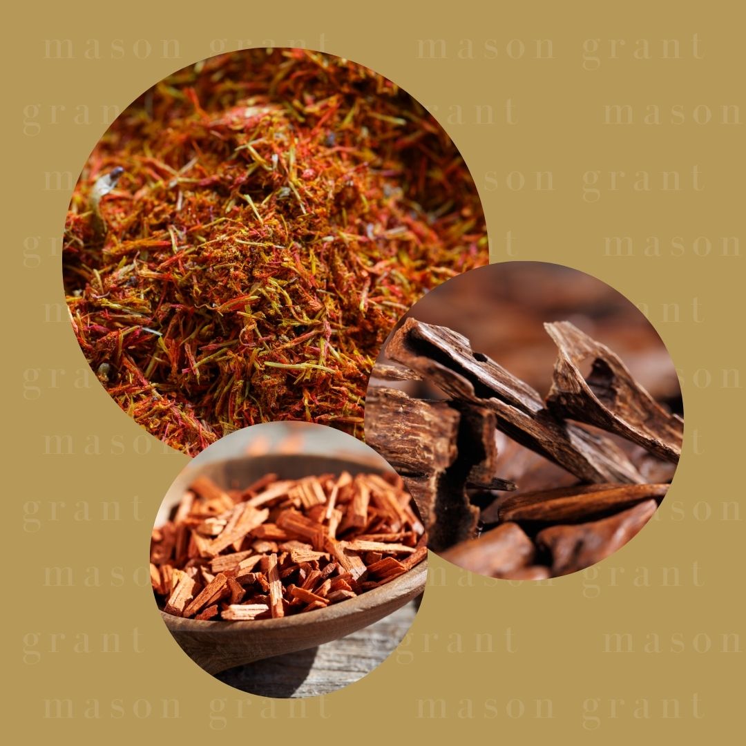 Three circular images of Saffron, Oud and Sandalwood on a yellow background with ‘Mason Grant’ branding