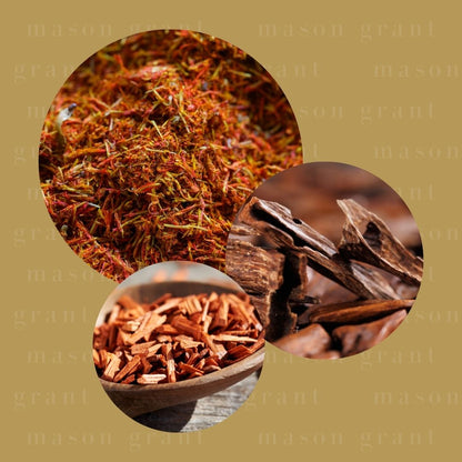 Three circular images of Saffron, Oud and Sandalwood on a yellow background with ‘Mason Grant’ branding