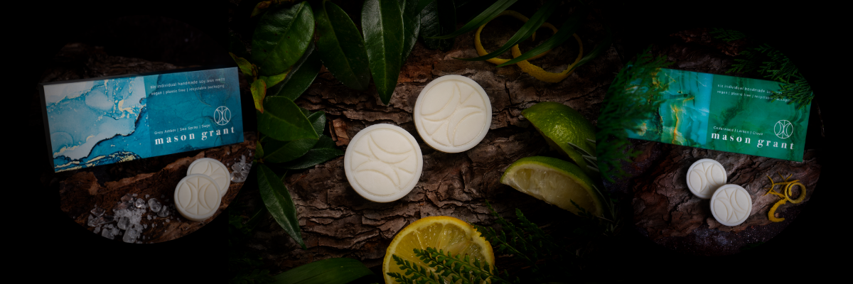 Mason Grant wax melt products with green and blue packaging. Close up of wax melts and greenery