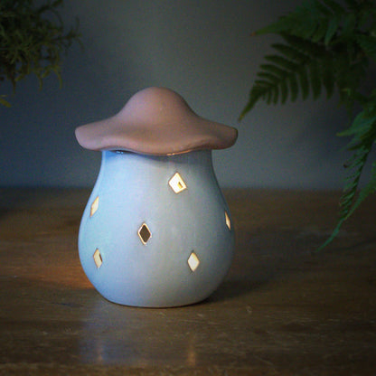 Ceramic toadstool wax burner white with pale pink lid