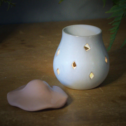 Ceramic toadstool wax burner white with pale pink lid