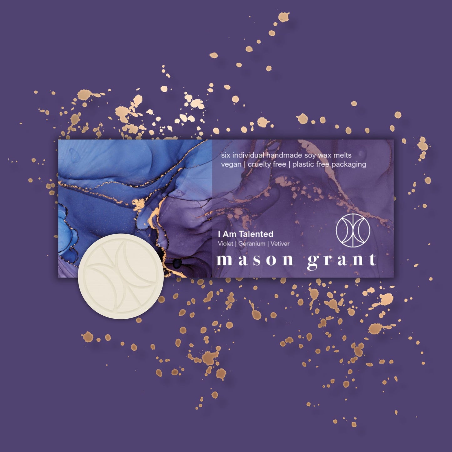 'Mason Grant' Violet, Geranium and Vetiver Wax Melts on purple background