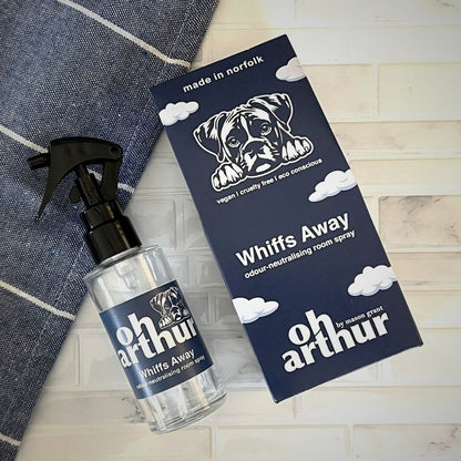 Mason Grant Oh Arthur branded clear glass bottle of Whiffs Away on white tiles with packaging