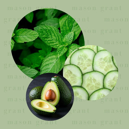 Three circular images of Wild Mint, Cucumber and Avocado on a green background with ‘Mason Grant’ branding