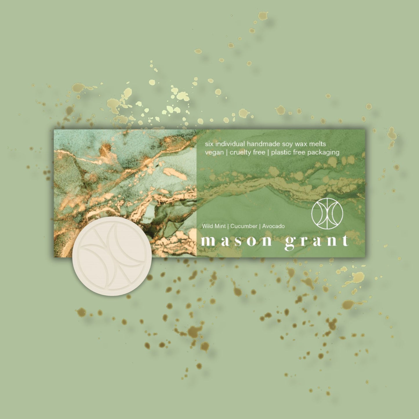 'Mason Grant' Wild Mint, Cucumber and Avocado Wax Melts on green background