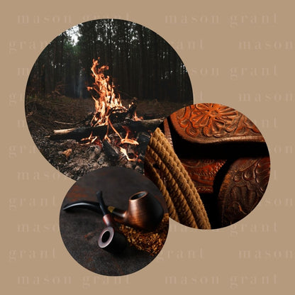 Three circular images of Woodsmoke and Tanned Leather on a brown background with ‘Mason Grant’ branding