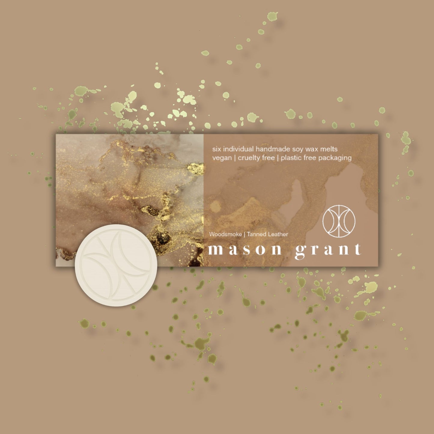 'Mason Grant' Woodsmoke and Tanned Leather Wax Melts on brown background